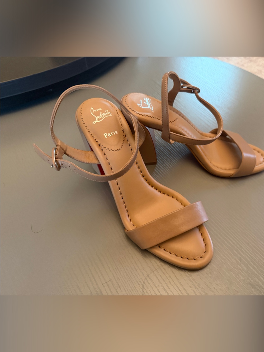 Christian Louboutin Tan Leather Ankle-Strap Sandals with Red Soles